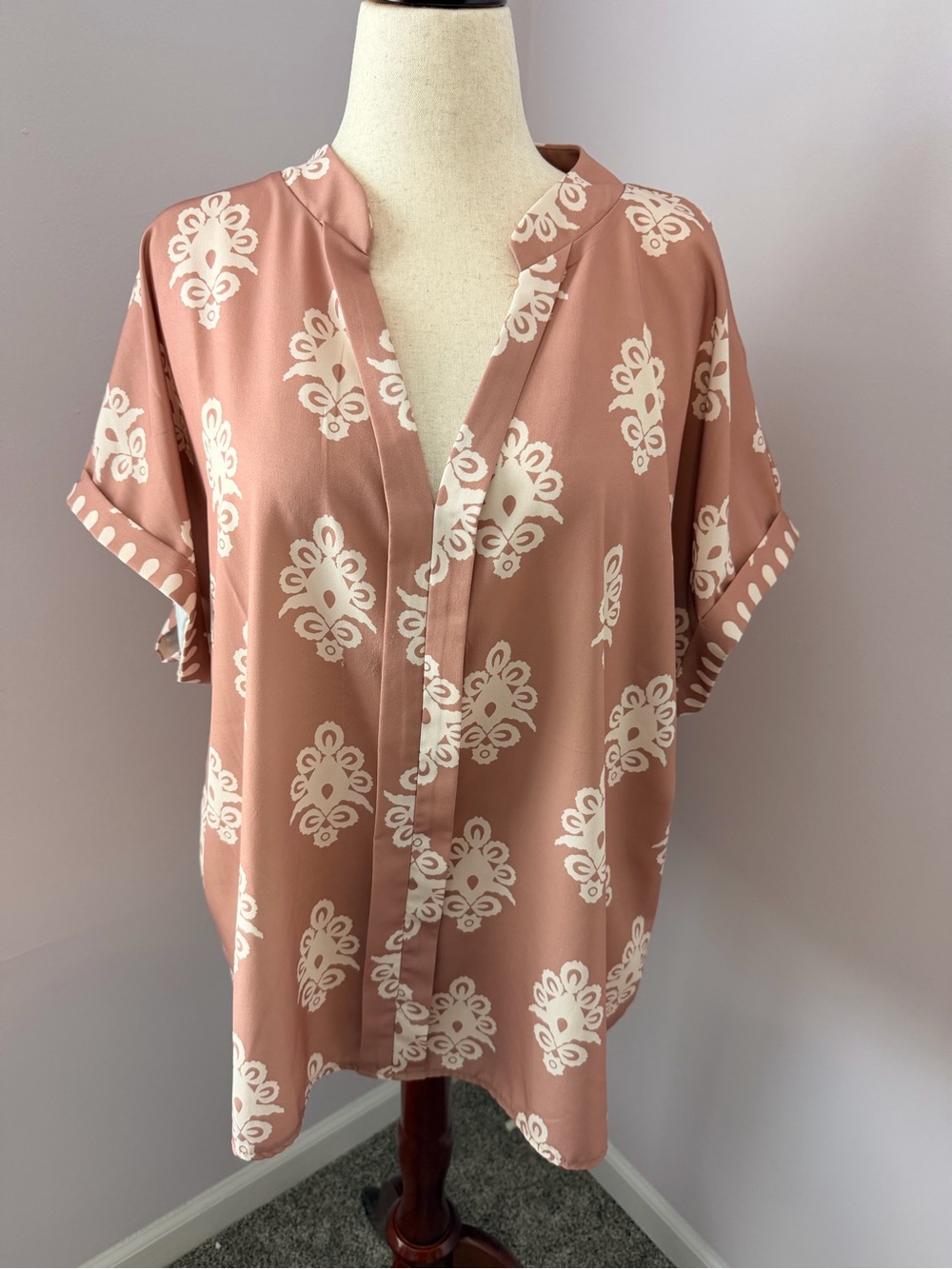 SHEIN Curve 3XL Blush Pink Boho Print V-Neck Tunic Blouse Plus Size